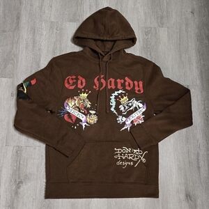 Ed Hardy Panther Tiger Brown Hoodie Men's Size Small